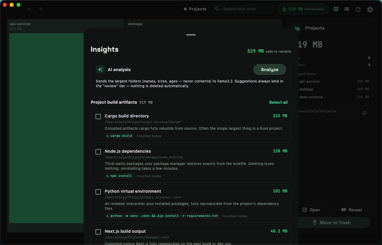 Clean Mind's insights panel: reclaimable items such as a Cargo build directory and Node.js dependencies, each with an explanation of why it is safe and the command that regenerates it.